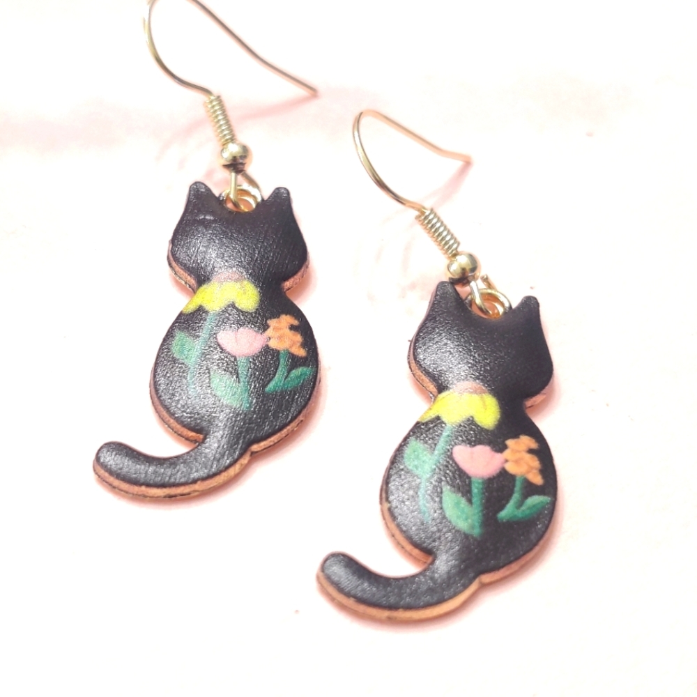 Black Cat Enamel Floral Design Earrings